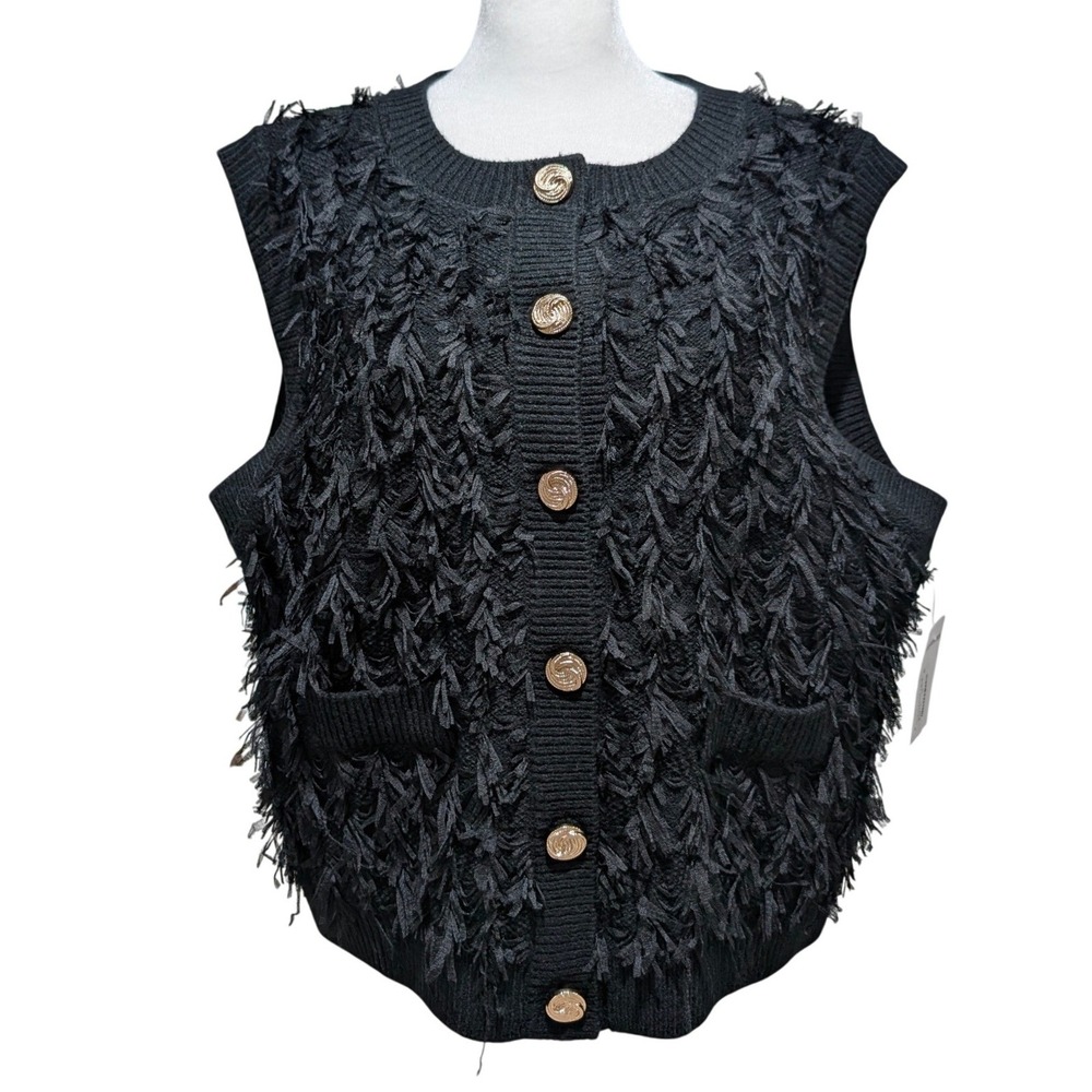 NWT Adrianna Papell Black Eyelash Knit Sweater Vest Gold Crest Button Front L
